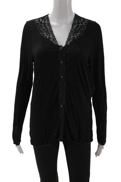 La Perla Womens Black V-Neck Button-Up Long Sleeve Modal Top Designer Size S