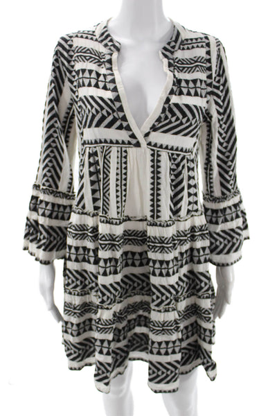 Devotion Women Black Cotton Kaftan V-Neck Long Sleeve Geometric Size XS
