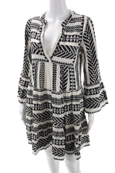 Devotion Women Black Cotton Kaftan V-Neck Long Sleeve Geometric Size XS
