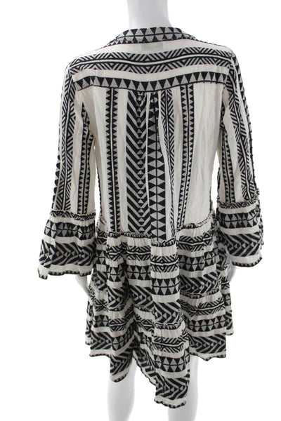 Devotion Women Black Cotton Kaftan V-Neck Long Sleeve Geometric Size XS