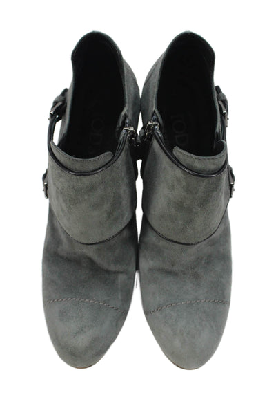 Tods Women's Round Toe Suede Buckle Ankle Boots Gray Size 39