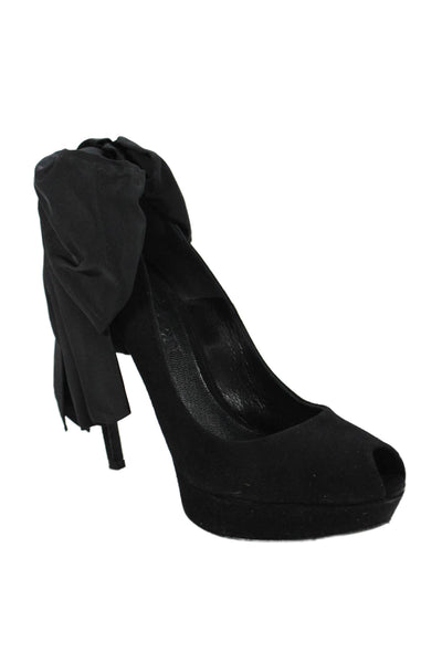 Alexander McQueen Women's Open Toe Suede Bow Stiletto Shoes Black Size 39.5