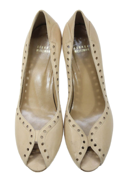 Stuart Weitzman Womens Leather Peep Toe Pump High Heels Beige Size 10
