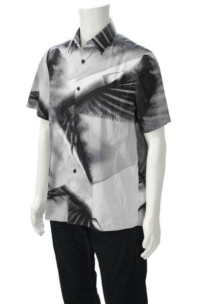 Calvin Klein Mens Cotton Collared Abstract Print Short Sleeve Shirt Black Size M