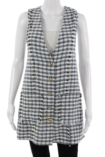 Zara Women Black Plaid V Neck Button Vest Polyester Cotton Sleeveless Size XS