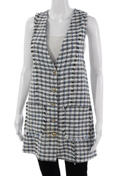 Zara Women Black Plaid V Neck Button Vest Polyester Cotton Sleeveless Size XS