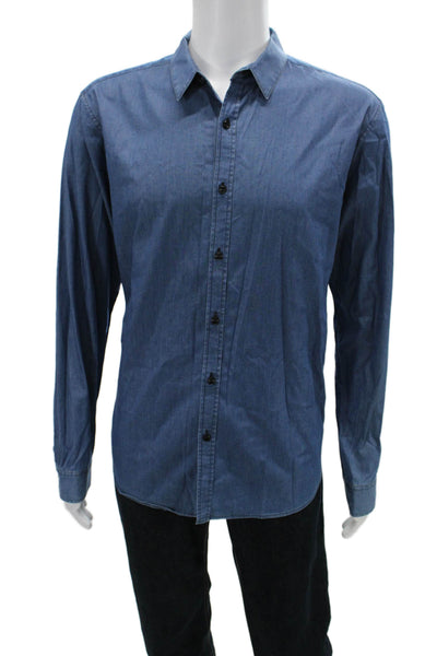 Theory Mens Cotton Long Sleeve Button Up Lined Blouse Blue Size XL