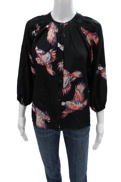 Tucker Women Black Silk Bird Graphic Button Up Blouse 3/4 Sleeve Size XS