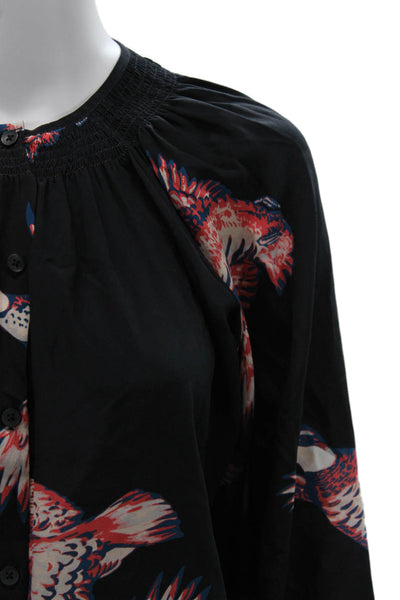 Tucker Women Black Silk Bird Graphic Button Up Blouse 3/4 Sleeve Size XS