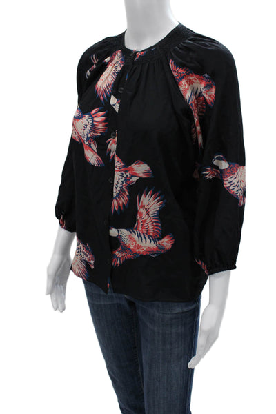 Tucker Women Black Silk Bird Graphic Button Up Blouse 3/4 Sleeve Size XS