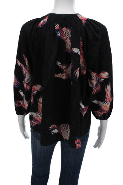 Tucker Women Black Silk Bird Graphic Button Up Blouse 3/4 Sleeve Size XS