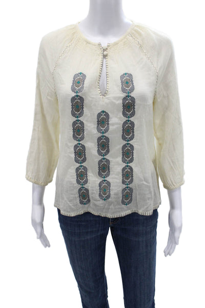 Joie Women Beige Geometric Cotton Bohemian Tunic Blouse 3/4 Sleeve Size XS