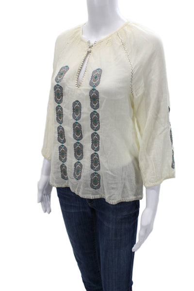 Joie Women Beige Geometric Cotton Bohemian Tunic Blouse 3/4 Sleeve Size XS