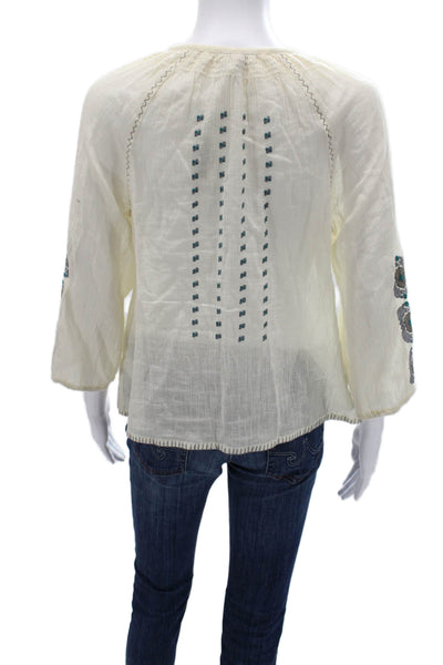 Joie Women Beige Geometric Cotton Bohemian Tunic Blouse 3/4 Sleeve Size XS