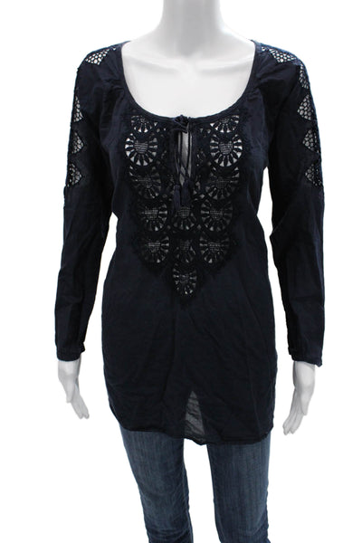 J Crew Womens Tunic Dark Blue Cotton Long Sleeve Round Neck Bohemian Size S