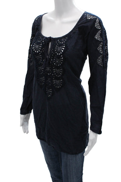 J Crew Womens Tunic Dark Blue Cotton Long Sleeve Round Neck Bohemian Size S