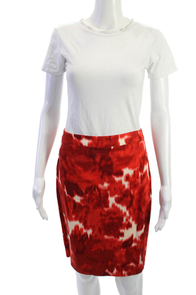 J Crew Womens Straight Pencil Skirt Red Floral Cotton Spandex Knee Size 0