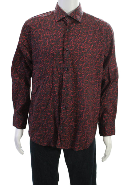 Saks Fifth Avenue Mens Floral Print Button Down Shirt Navy Blue Red Size Large