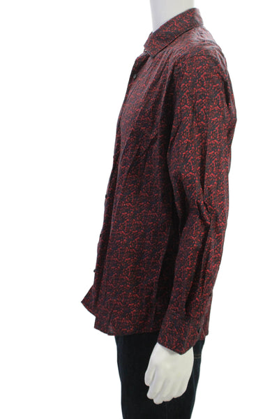Saks Fifth Avenue Mens Floral Print Button Down Shirt Navy Blue Red Size Large