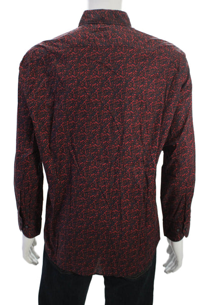 Saks Fifth Avenue Mens Floral Print Button Down Shirt Navy Blue Red Size Large