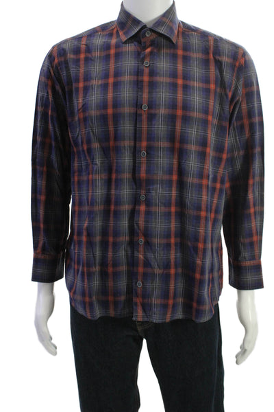 Saks Fifth Avenue Mens Plaid Button Down Shirt Blue Red Cotton Size Large