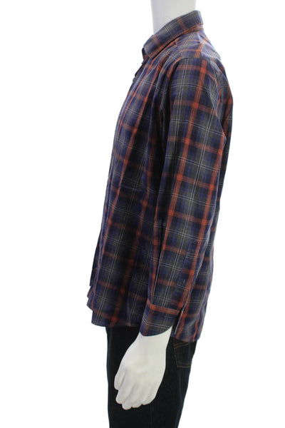 Saks Fifth Avenue Mens Plaid Button Down Shirt Blue Red Cotton Size Large
