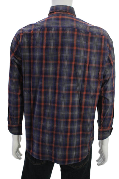 Saks Fifth Avenue Mens Plaid Button Down Shirt Blue Red Cotton Size Large