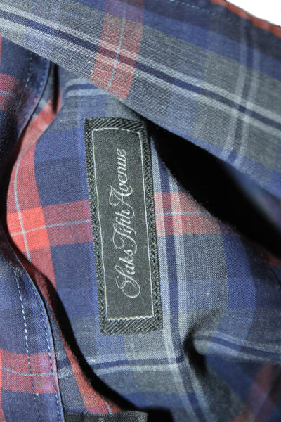 Saks Fifth Avenue Mens Plaid Button Down Shirt Blue Red Cotton Size Large
