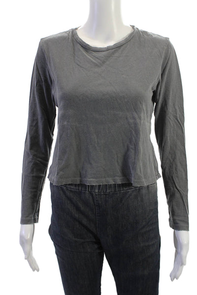 Amo Women Cropped Basic Long Sleeve T-Shirt Dark Gray Crew Neck Cotton Size M