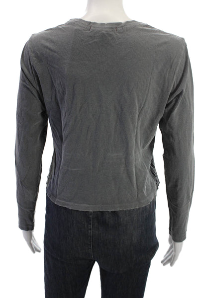 Amo Women Cropped Basic Long Sleeve T-Shirt Dark Gray Crew Neck Cotton Size M