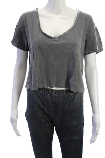 Amo Womens Cropped V-Neck Short Sleeve Cotton T-Shirt Dark Gray Size S