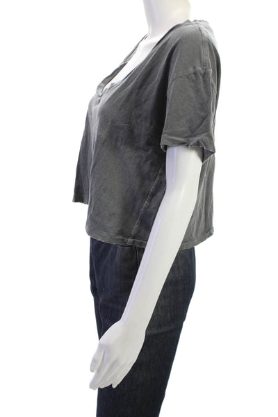 Amo Womens Cropped V-Neck Short Sleeve Cotton T-Shirt Dark Gray Size S