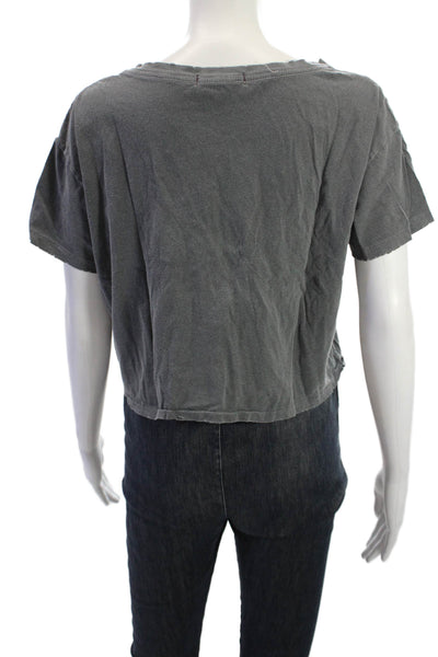Amo Womens Cropped V-Neck Short Sleeve Cotton T-Shirt Dark Gray Size S