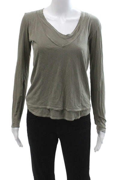 Stateside Womens Basic V Neck Gray Cotton T Shirt Long Sleeve Army Size XS
