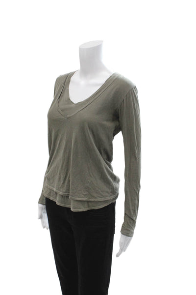Stateside Womens Basic V Neck Gray Cotton T Shirt Long Sleeve Army Size XS