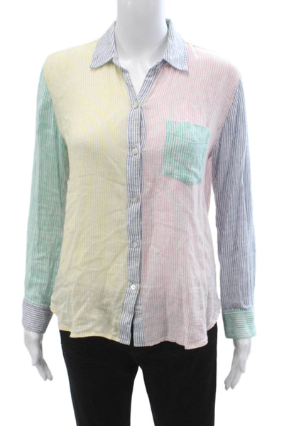 Rails Womens Lt Blue Striped Collared Button-Up Linen Longsleeve Petite Size XS