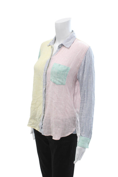 Rails Womens Lt Blue Striped Collared Button-Up Linen Longsleeve Petite Size XS