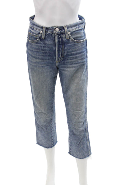 Amo Unisex Cropped Straight Blue Jeans 100% Cotton Button Size 24