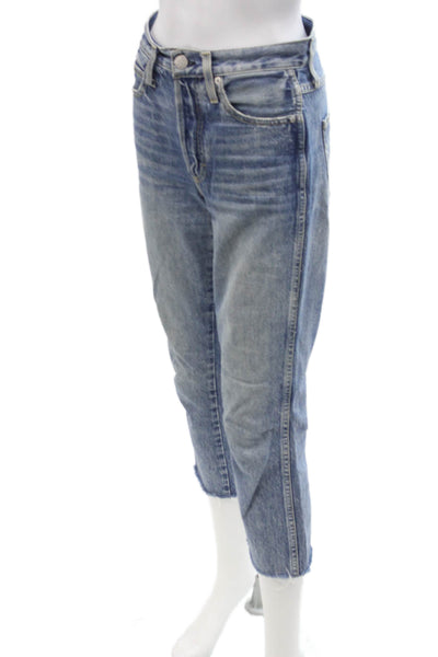 Amo Unisex Cropped Straight Blue Jeans 100% Cotton Button Size 24