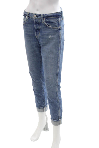 Amo Women Ankle Cropped High Rise Blue Jeans Button Fly Size 25