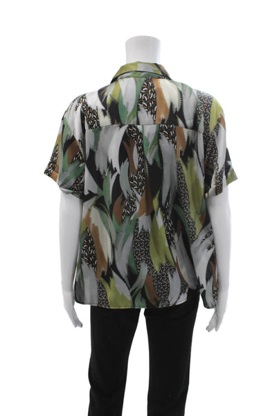 The Line Women Collared Short Sleeve Button Up Blouse Black Silk Blend Size M
