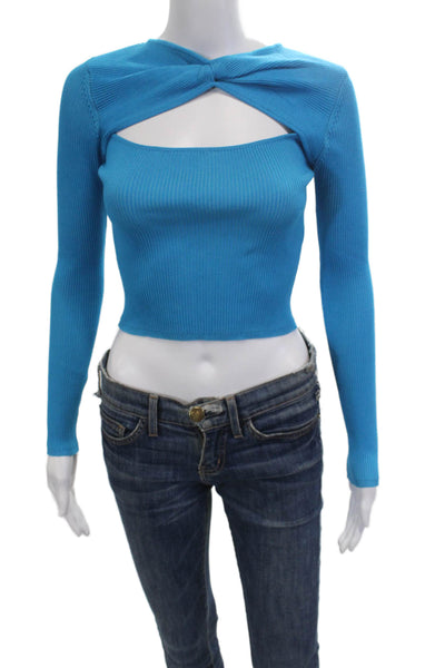 Zara Women Cropped Blue Button Front Long Sleeve Top Size S