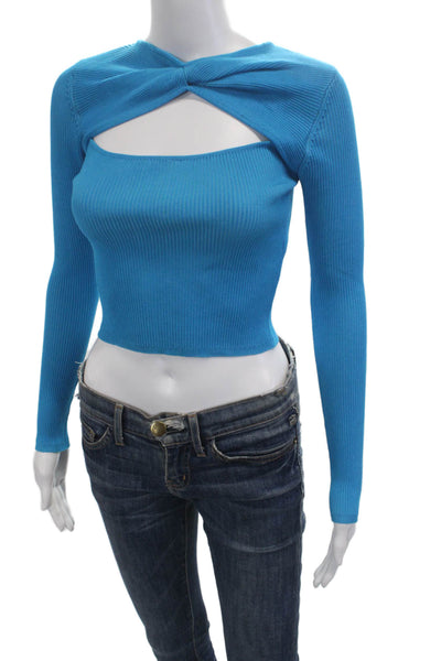 Zara Women Cropped Blue Button Front Long Sleeve Top Size S