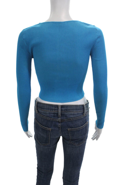 Zara Women Cropped Blue Button Front Long Sleeve Top Size S