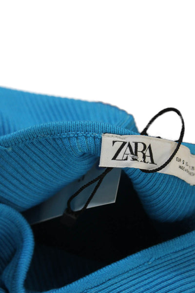 Zara Women Cropped Blue Button Front Long Sleeve Top Size S