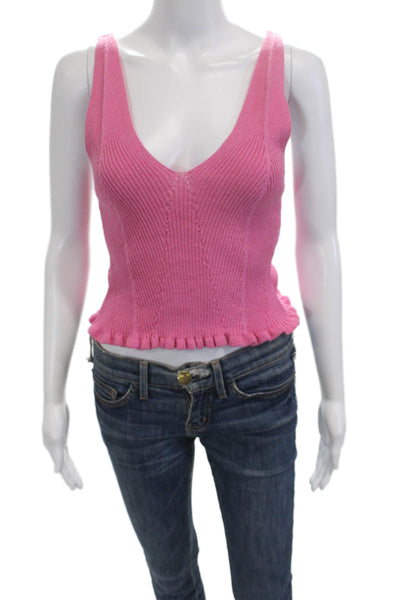 Zara Women Cropped V-Neck Button Tank Pink Polyester Cotton Sleeveless Size S