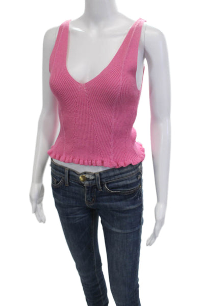 Zara Women Cropped V-Neck Button Tank Pink Polyester Cotton Sleeveless Size S