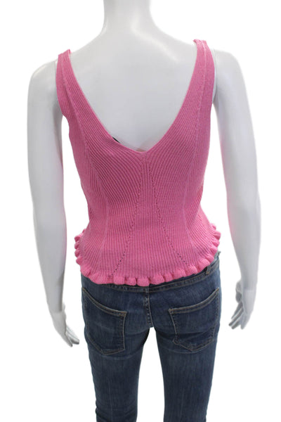 Zara Women Cropped V-Neck Button Tank Pink Polyester Cotton Sleeveless Size S