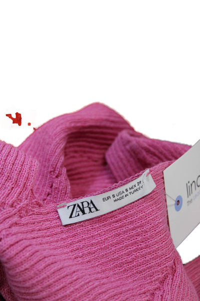 Zara Women Cropped V-Neck Button Tank Pink Polyester Cotton Sleeveless Size S