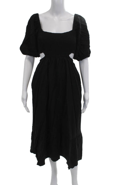 o.p.t Womens Fit & Flare Maxi Dress Black Square Neck Tencel Flax Size S